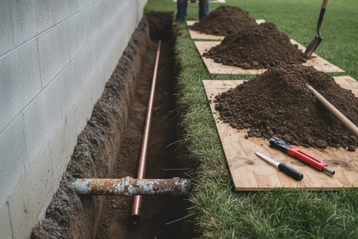 Excavated water line trench during Water Heater Repair in Pantego